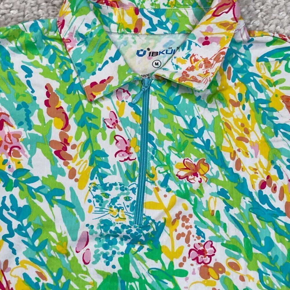 IBKUL 1/4 Zip Mock Neck Top Green Yellow Floral Print - Picture 5 of 6